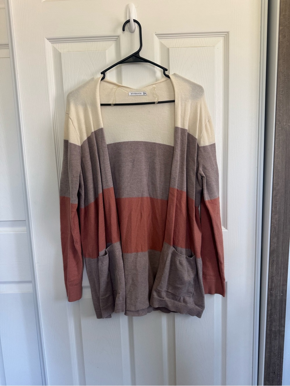Staccato Open-Front Striped Cardigan in Cream, Taupe & Rust